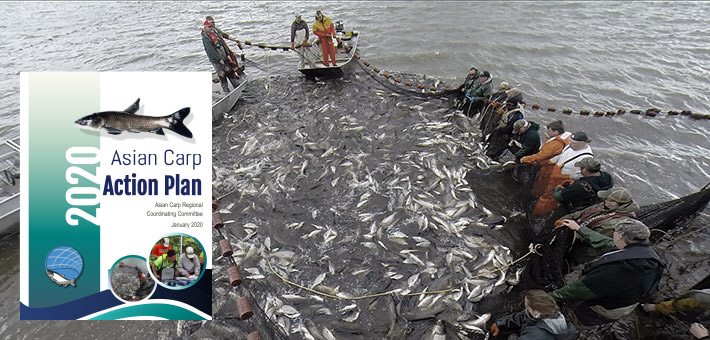 The cover of the 2020 Asian Carp Action Plan sits in front of an image of a group using the unified method.