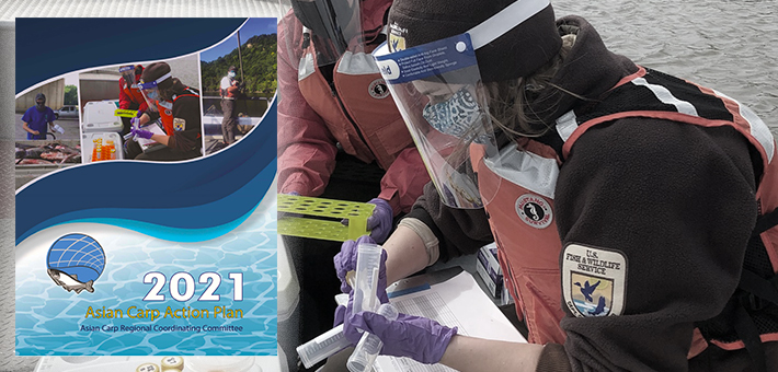 Two biologists wearing face masks and shields sort sampling tubes with the cover of the 2021 Action Plan displayed beside them.